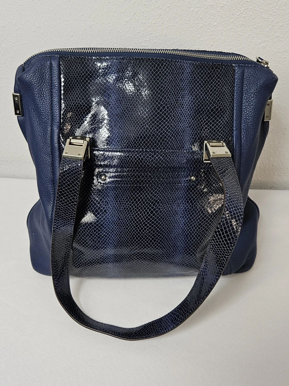 B MAKOWSKY Blue Pebble Leather and Snakeskin Embossed Leather Shoulder Bag